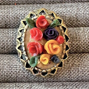 Vintage Multi-colored Resin Roses Oval Shaped Brooch